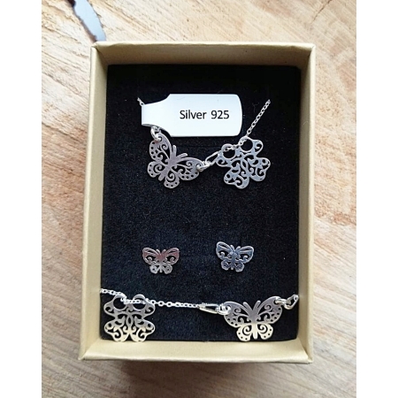 Ażurowy komplet biżuterii srebro 925 motyle i koniczynki